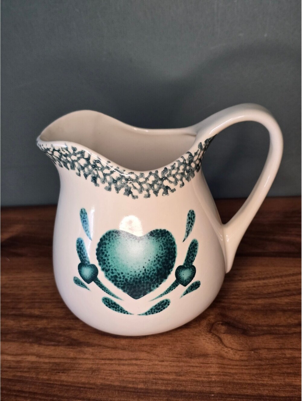 Vintage Green Heart Spongeware Ceramic Pitcher Country Farmhouse Decor